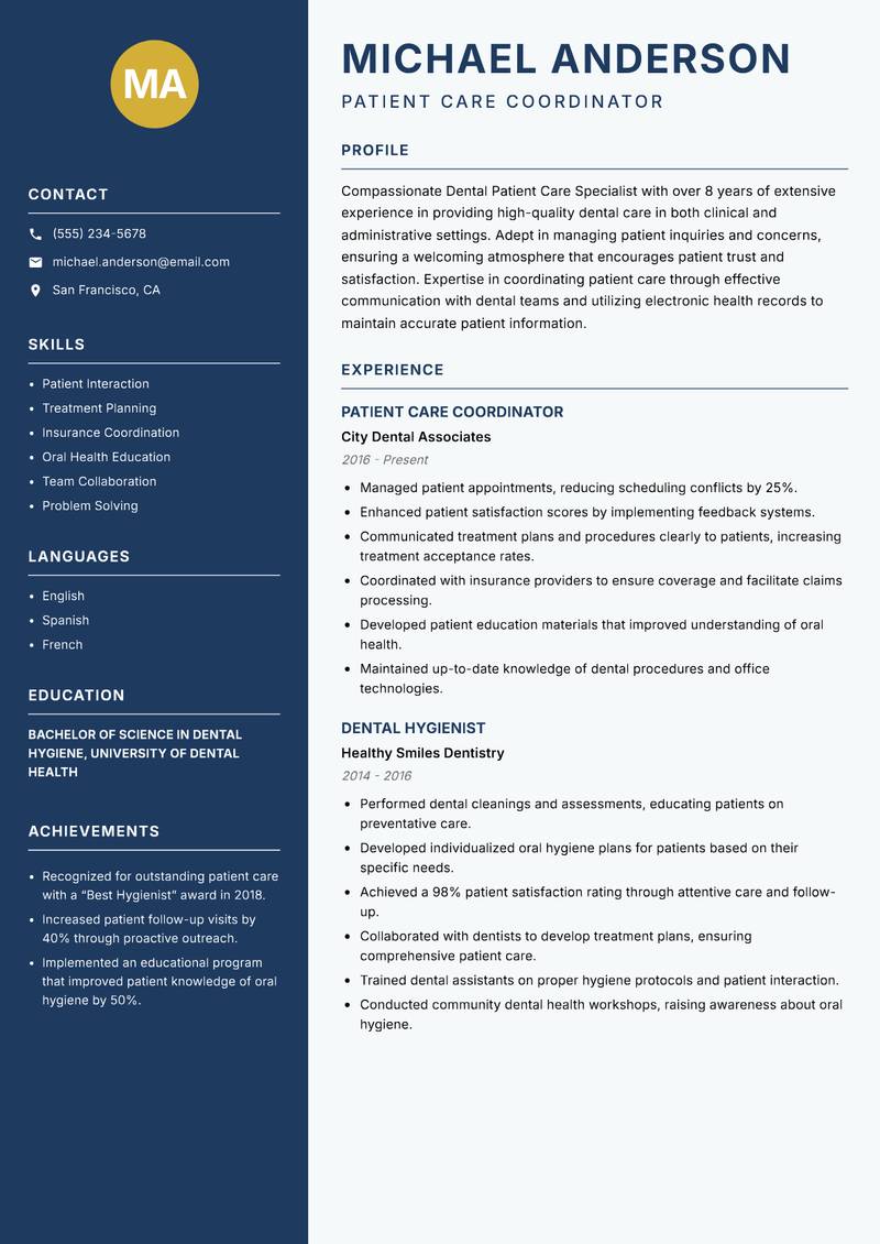 Dental Patient Care Specialist resume template — Classic Clean