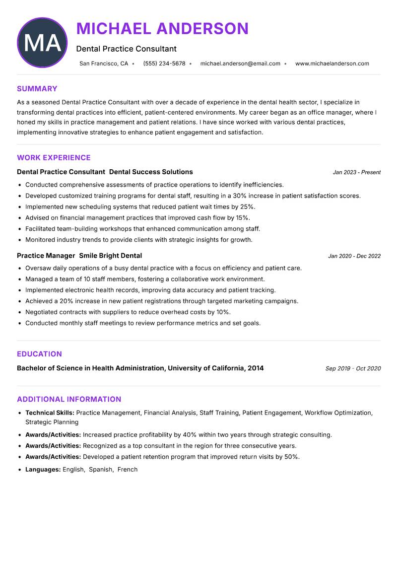 Dental Practice Consultant resume example — ATS-friendly template