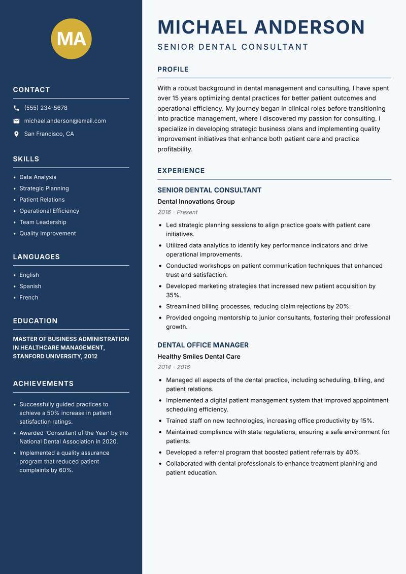 Dental Practice Consultant resume template — Classic Clean