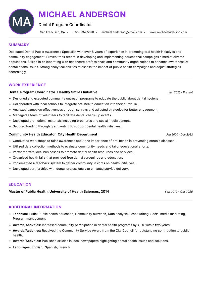 Dental Public Awareness Specialist resume example — ATS-friendly template