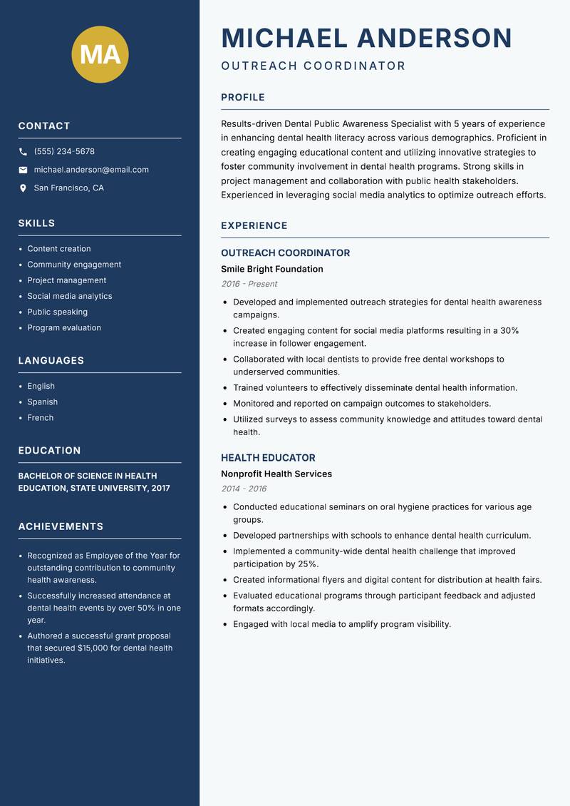 Dental Public Awareness Specialist resume template — Classic Clean