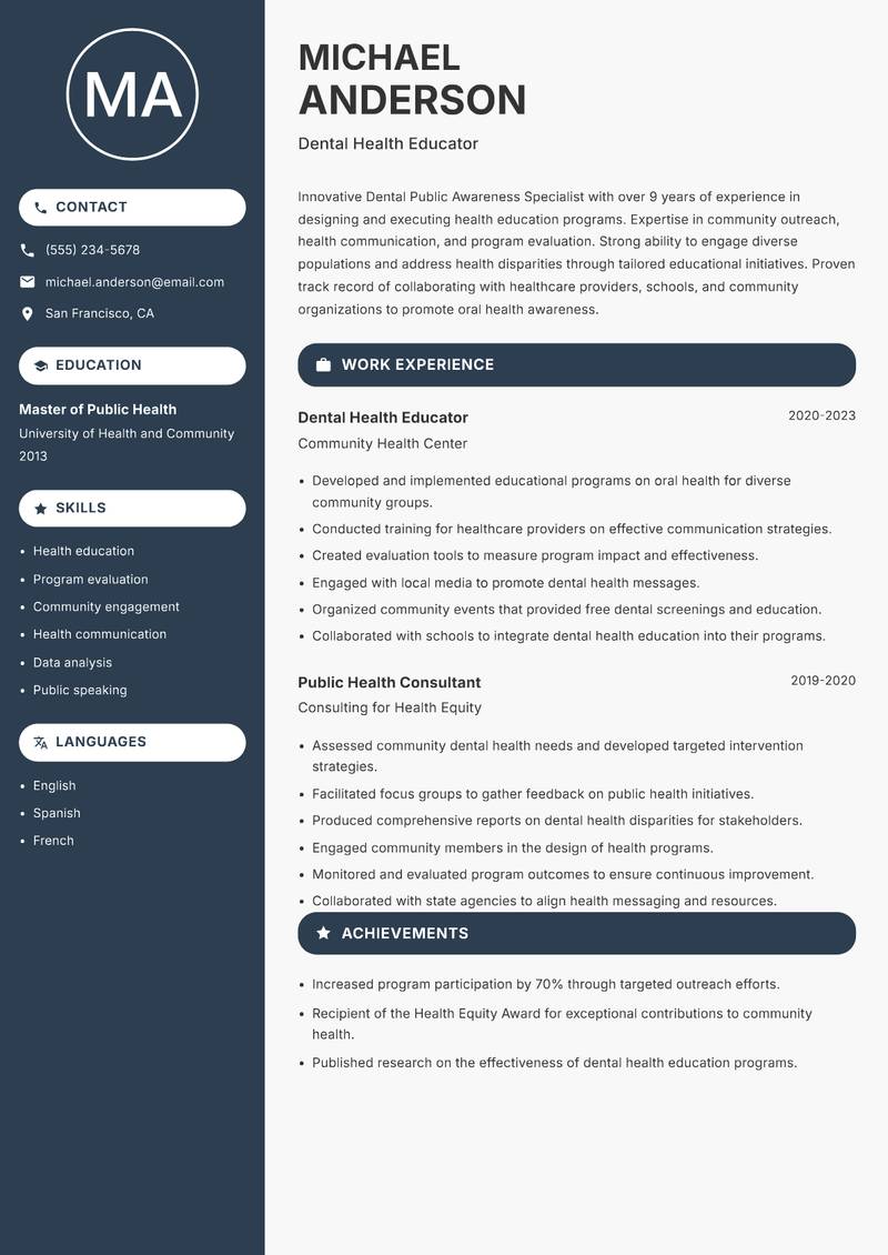 Dental Public Awareness Specialist resume template — Compact