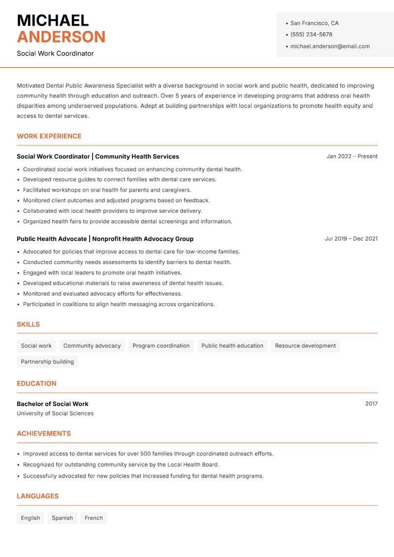 Dental Public Awareness Specialist resume template — Modern Professional