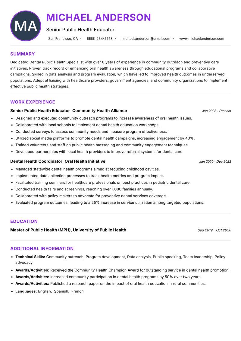 Dental Public Health Specialist resume example — ATS-friendly template