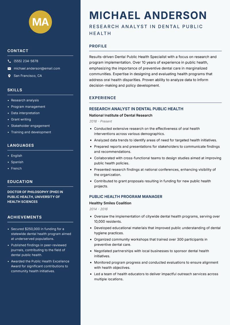 Dental Public Health Specialist resume template — Classic Clean