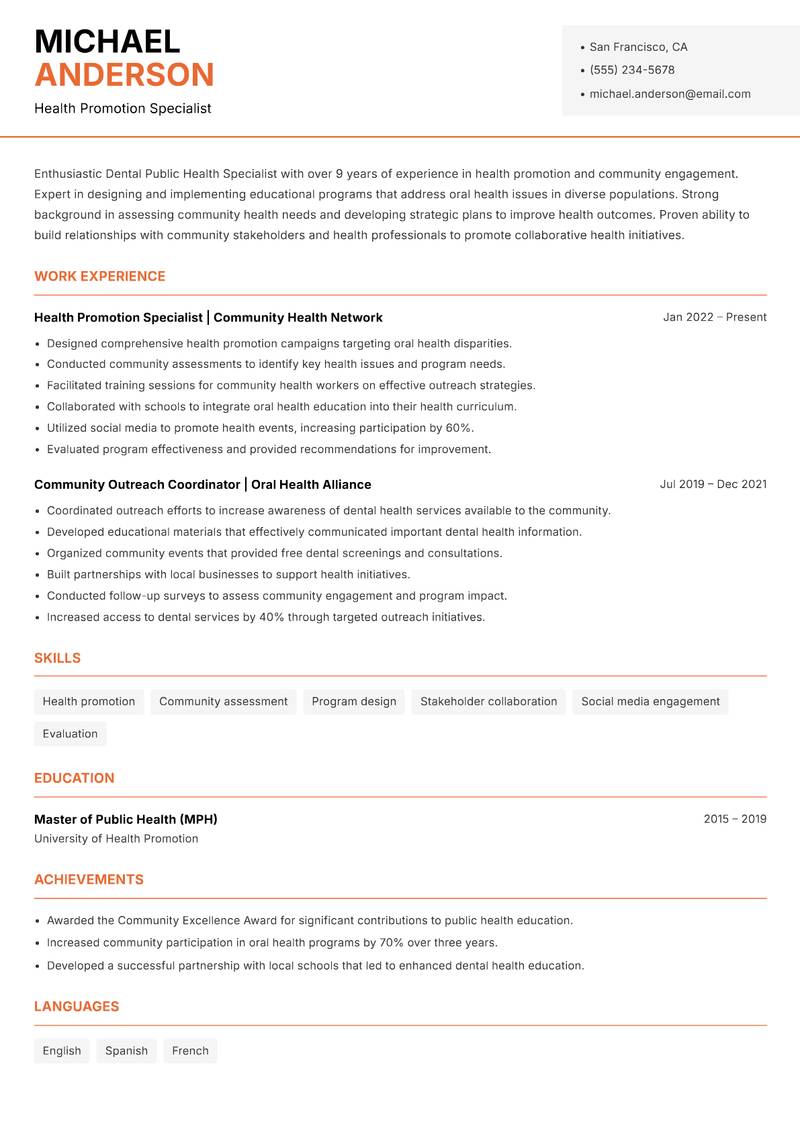 Dental Public Health Specialist resume template — Modern Professional