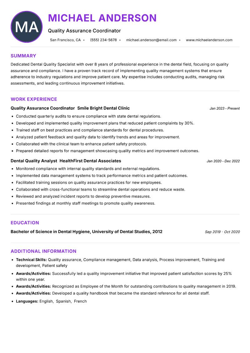 Dental Quality Specialist resume example — ATS-friendly template