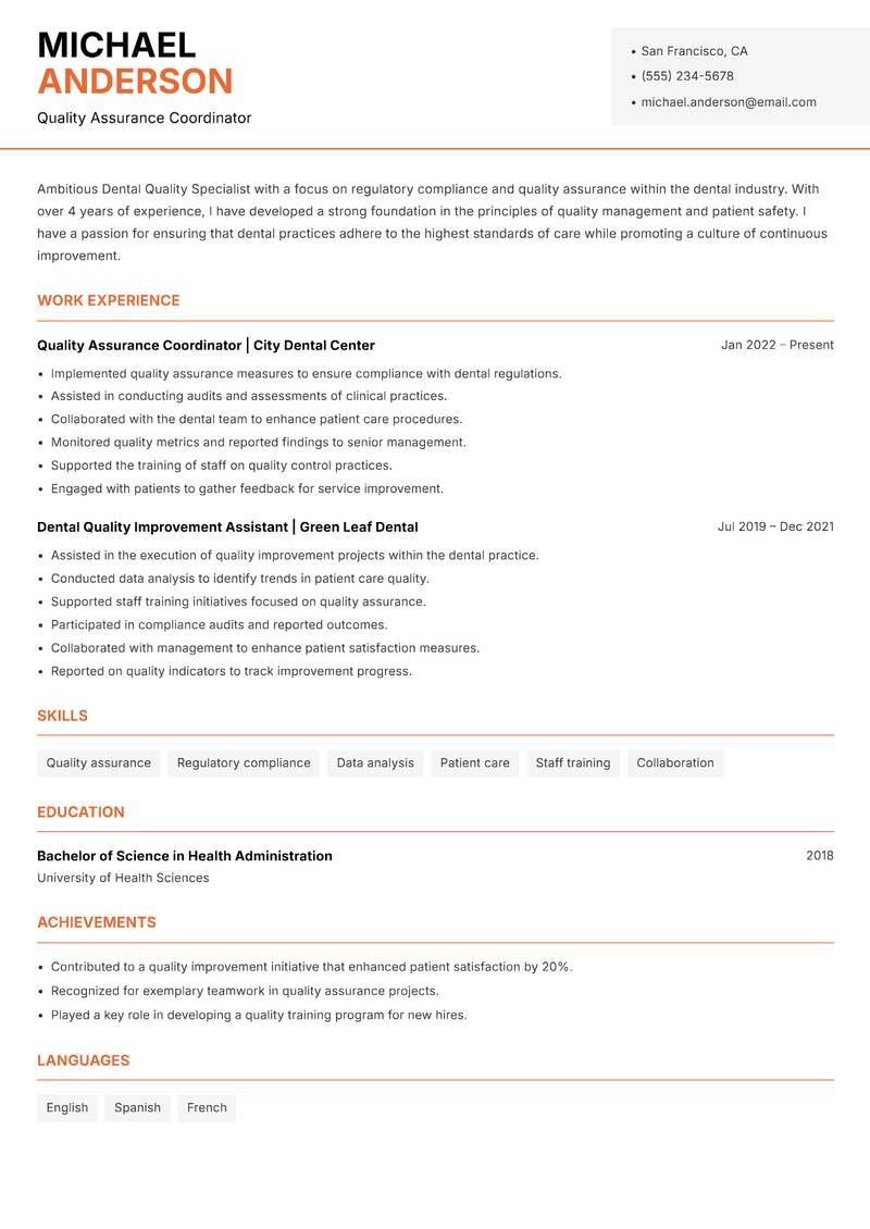 Dental Quality Specialist resume template — Modern Professional