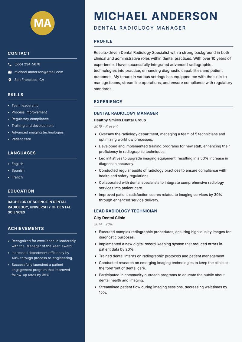 Dental Radiology Specialist resume template — Classic Clean