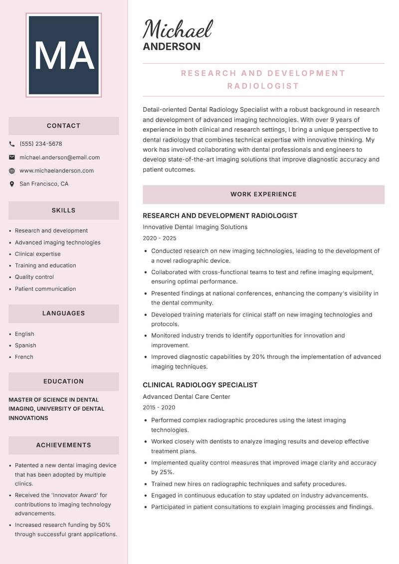 Dental Radiology Specialist resume template — Executive