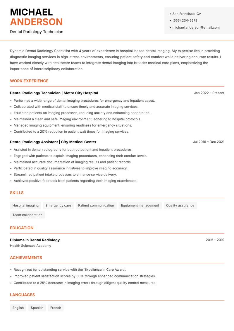 Dental Radiology Specialist resume template — Modern Professional