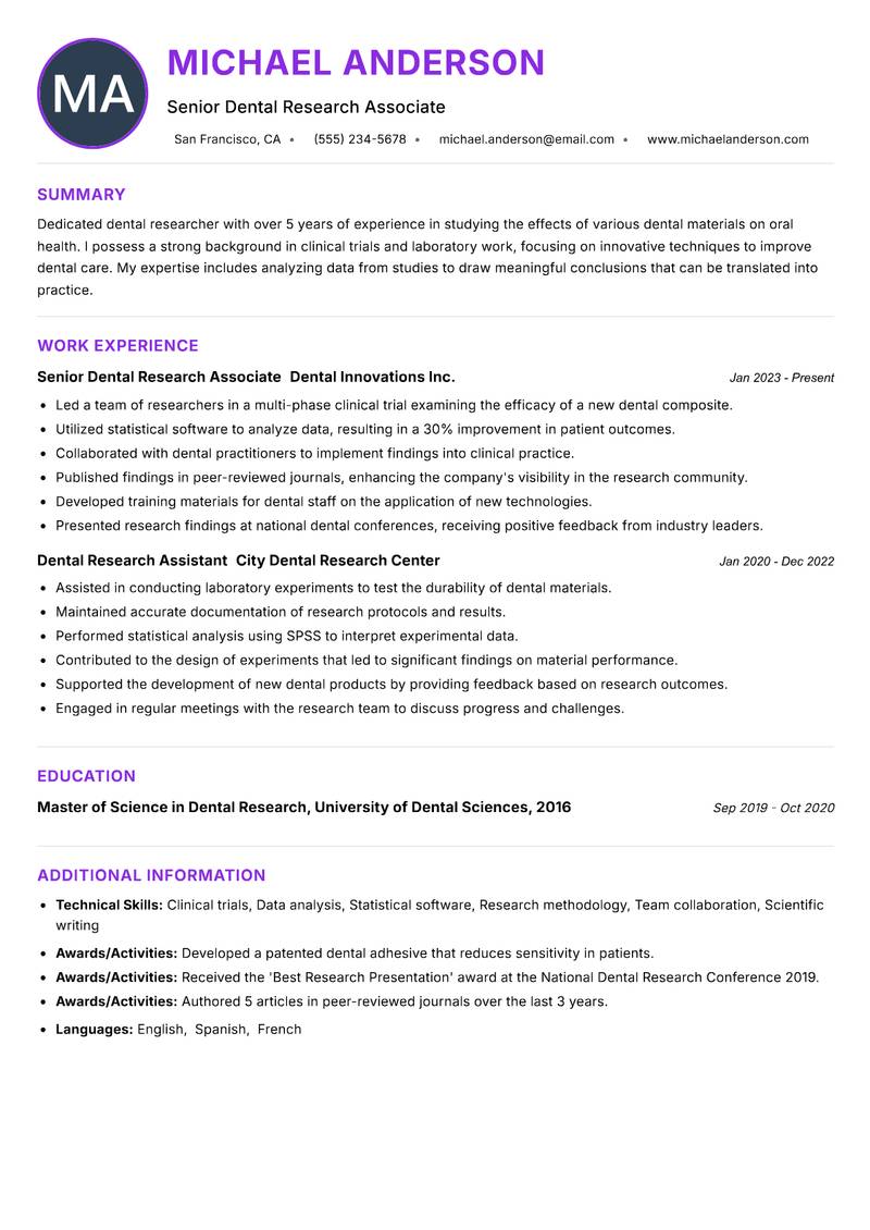 Dental Researcher resume example — ATS-friendly template