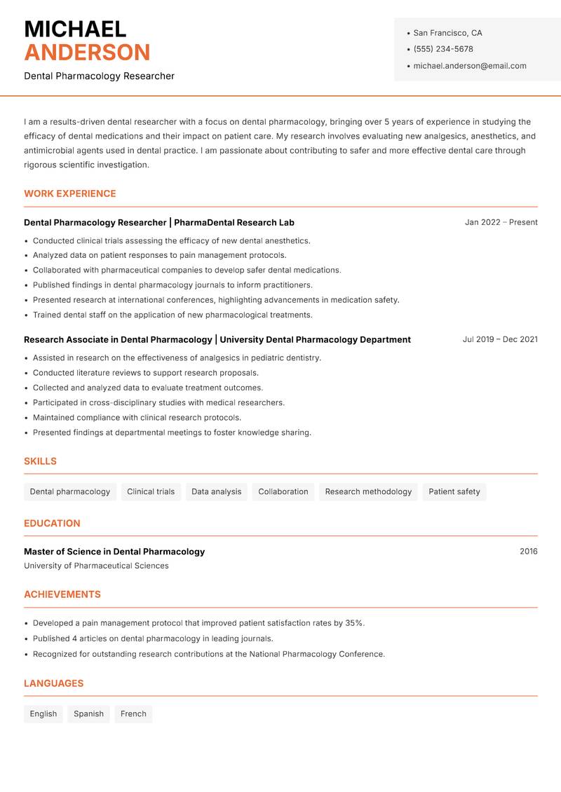 Dental Researcher resume template — Modern Professional