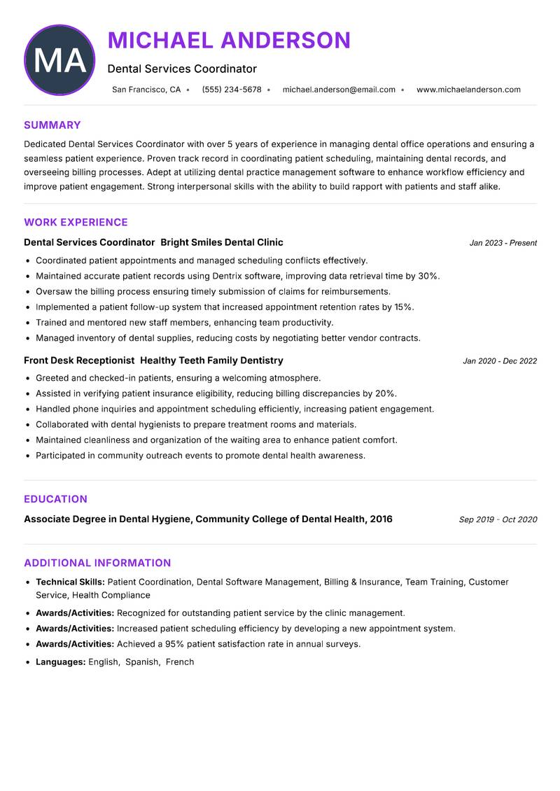 Dental Services Coordinator resume example — ATS-friendly template