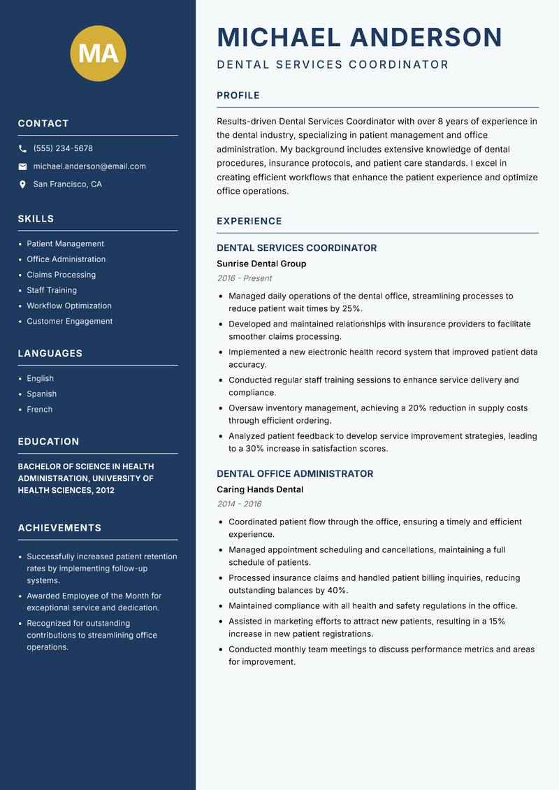 Dental Services Coordinator resume template — Classic Clean