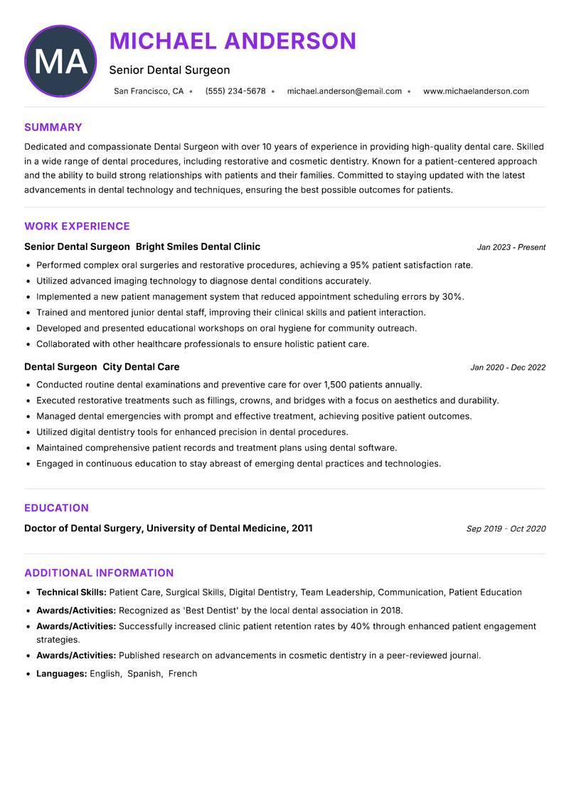 Dental Surgeon resume example — ATS-friendly template