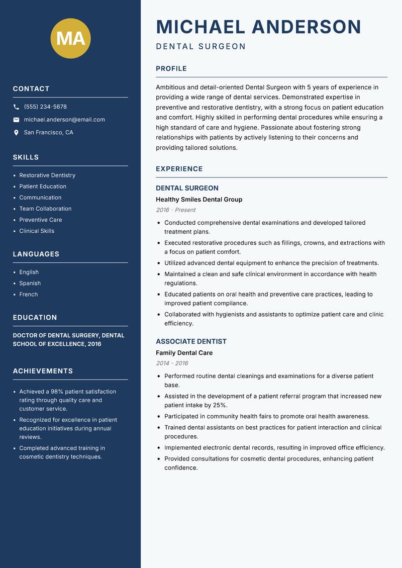 Dental Surgeon resume template — Classic Clean
