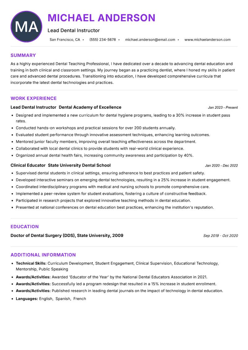 Dental Teaching Professional resume example — ATS-friendly template