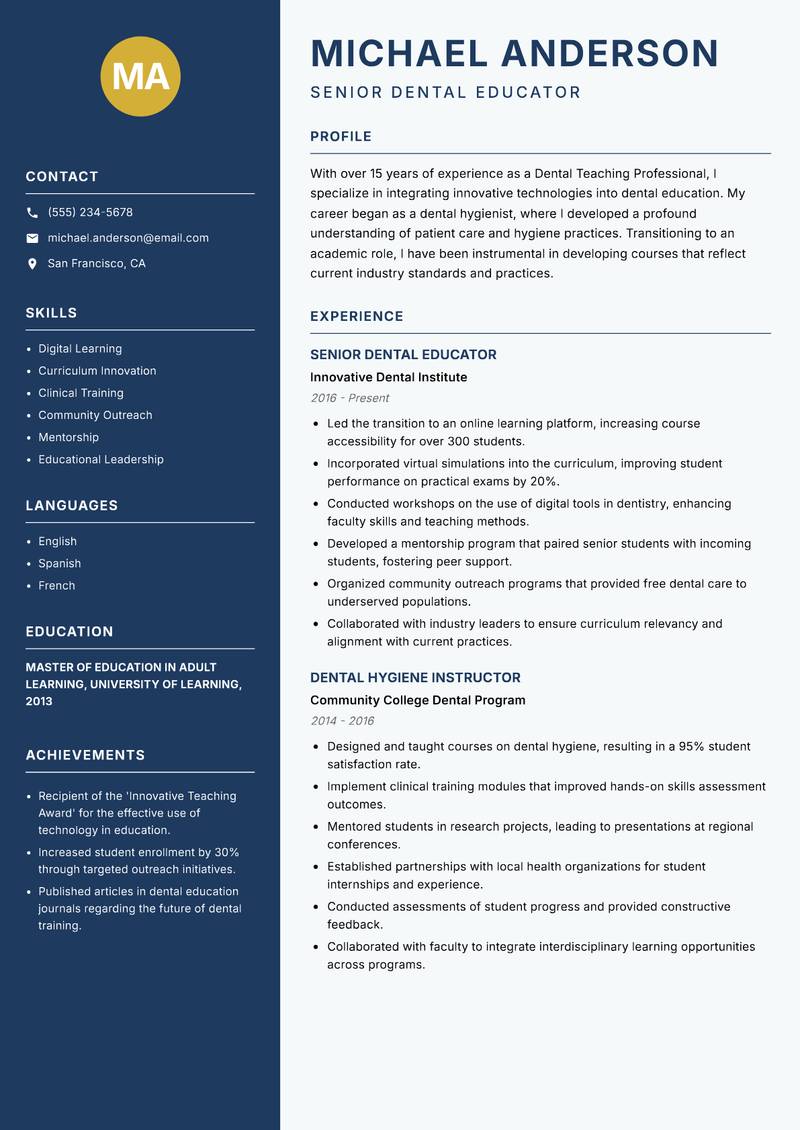 Dental Teaching Professional resume template — Classic Clean