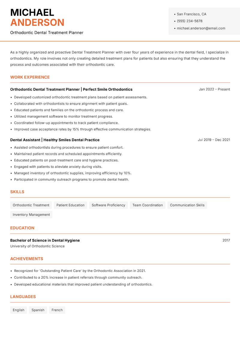 Dental Treatment Planner resume template — Modern Professional