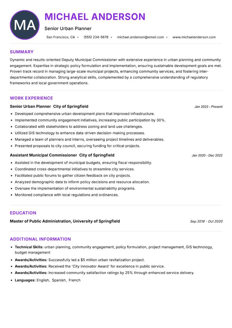 Deputy Municipal Commissioner resume example — ATS-friendly template