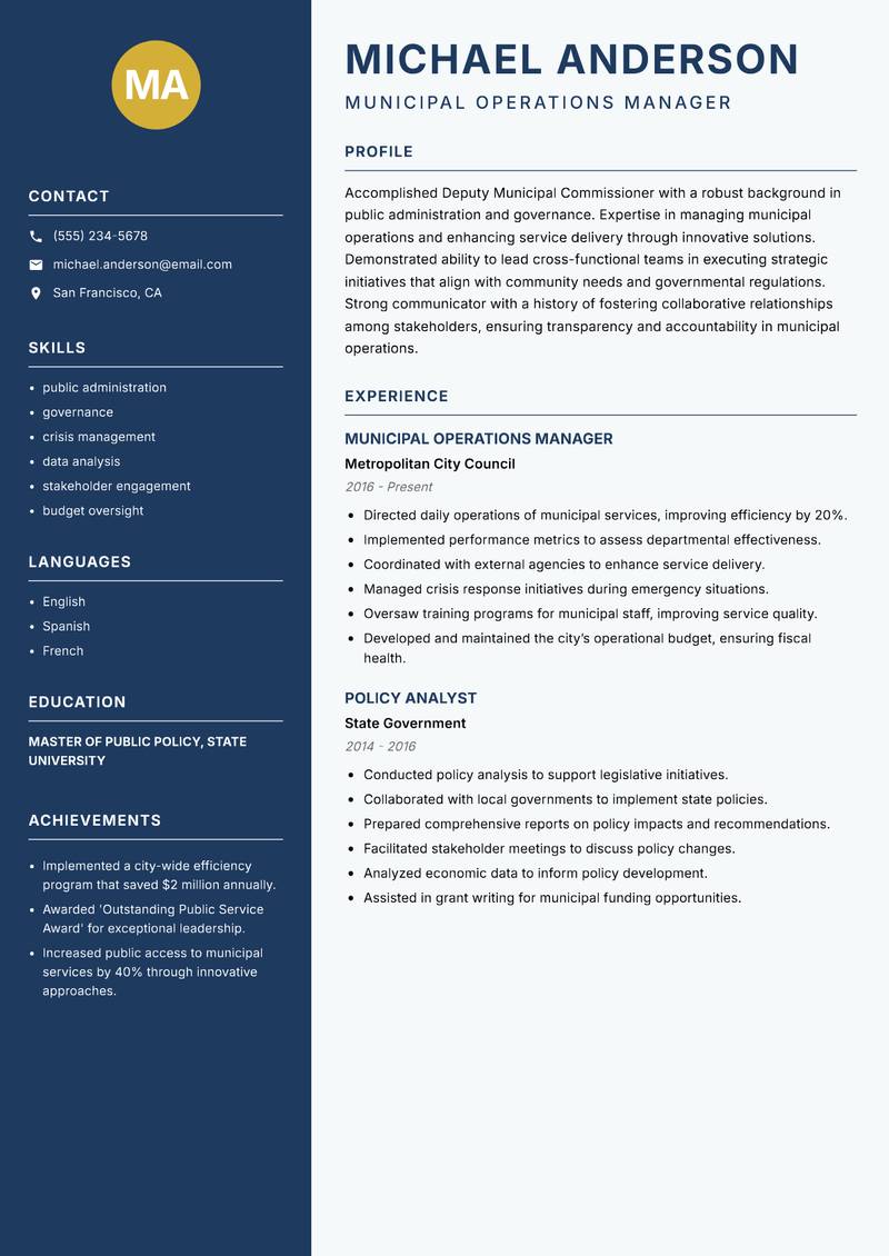 Deputy Municipal Commissioner resume template — Classic Clean