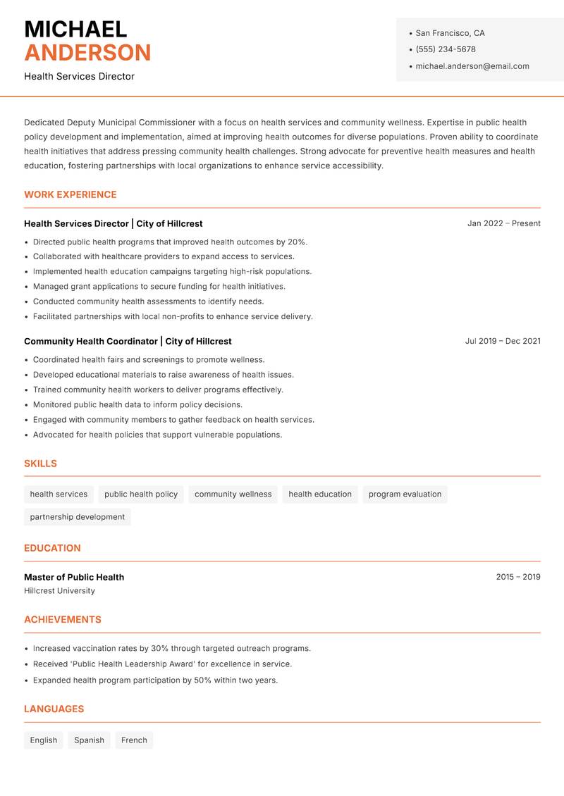 Deputy Municipal Commissioner resume template — Modern Professional