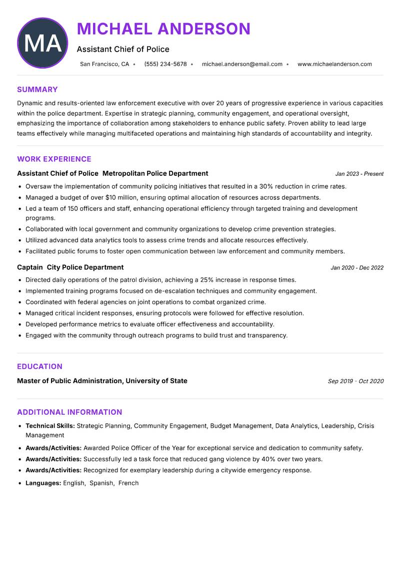Deputy Police Commissioner resume example — ATS-friendly template