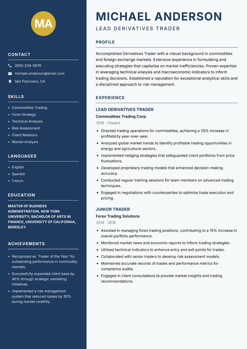 Derivatives Trader resume template — Classic Clean