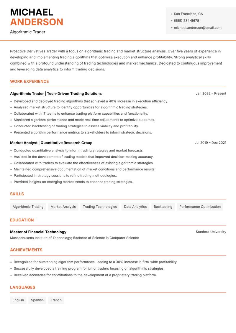 Derivatives Trader resume template — Modern Professional