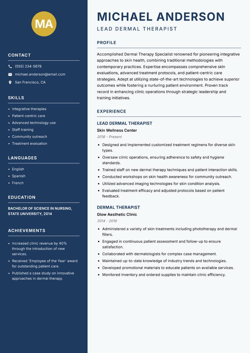 Dermal Therapy Specialist resume template — Classic Clean