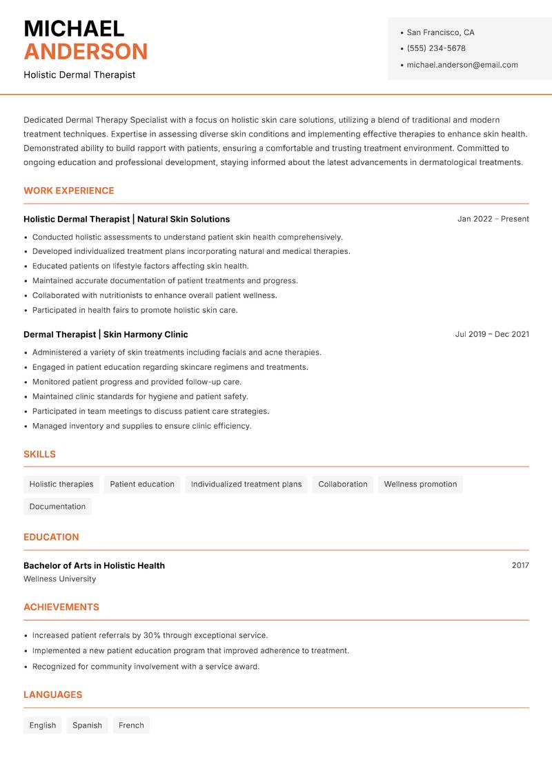 Dermal Therapy Specialist resume template — Modern Professional