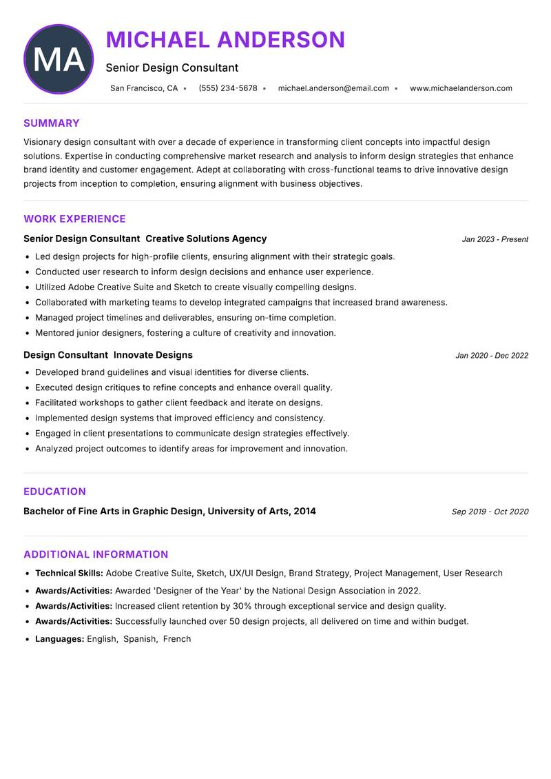 Design Consultant resume example — ATS-friendly template