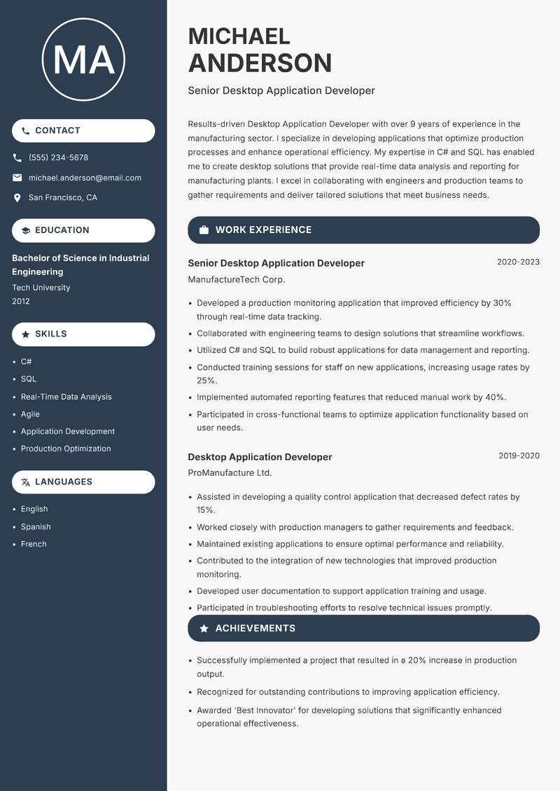Desktop Application Developer resume template — Compact