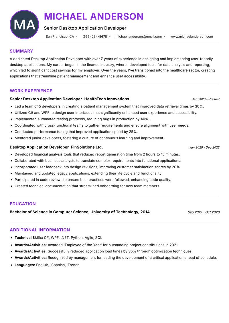 Desktop Application Developer resume example — ATS-friendly template