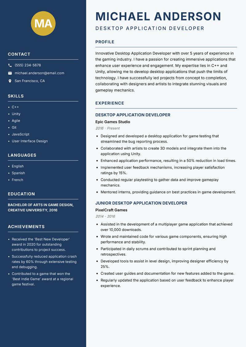 Desktop Application Developer resume template — Classic Clean