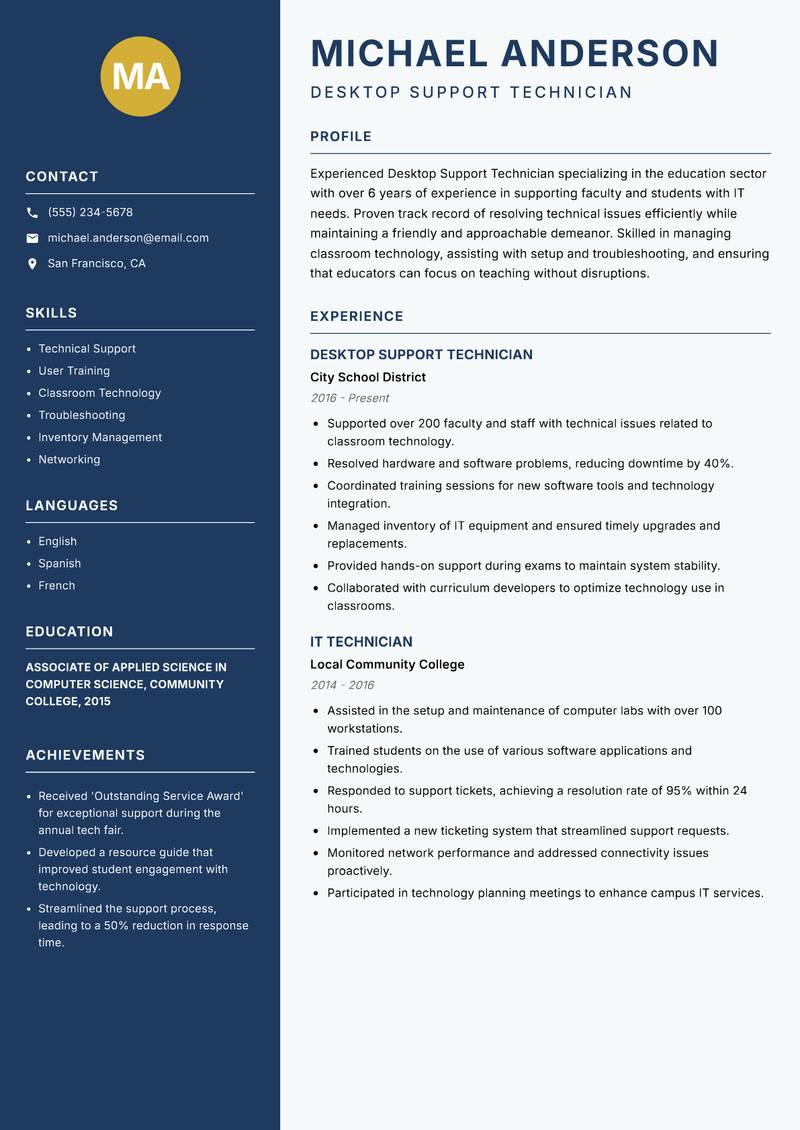 Desktop Support Technician resume template — Classic Clean