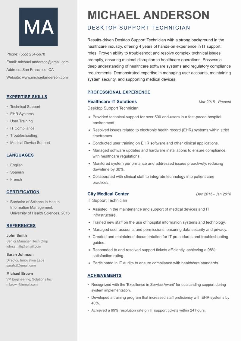 Desktop Support Technician resume template — Creative Minimal