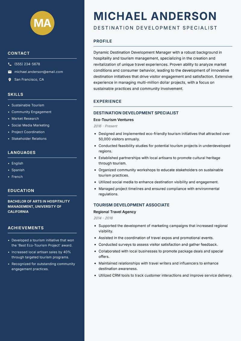 Destination Development Manager resume template — Classic Clean