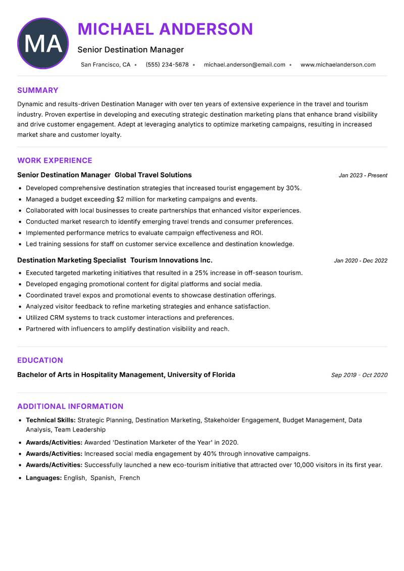 Destination Manager resume example — ATS-friendly template