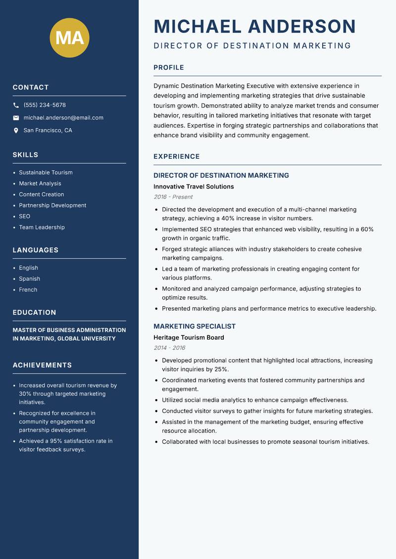 Destination Marketing Executive resume template — Classic Clean