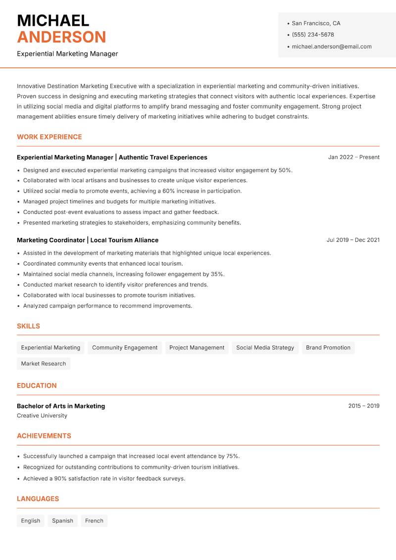 Destination Marketing Executive resume template — Modern Professional