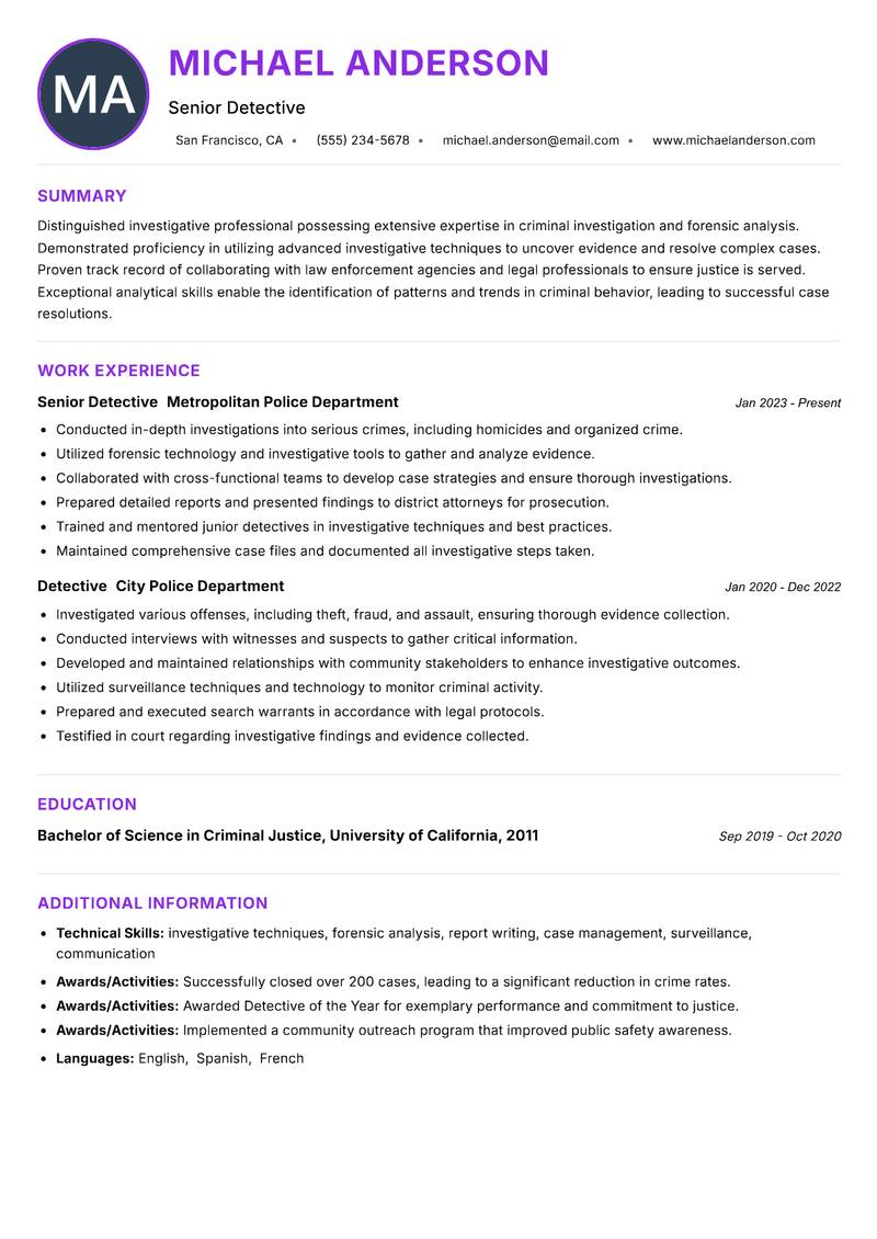 Detective resume example — ATS-friendly template