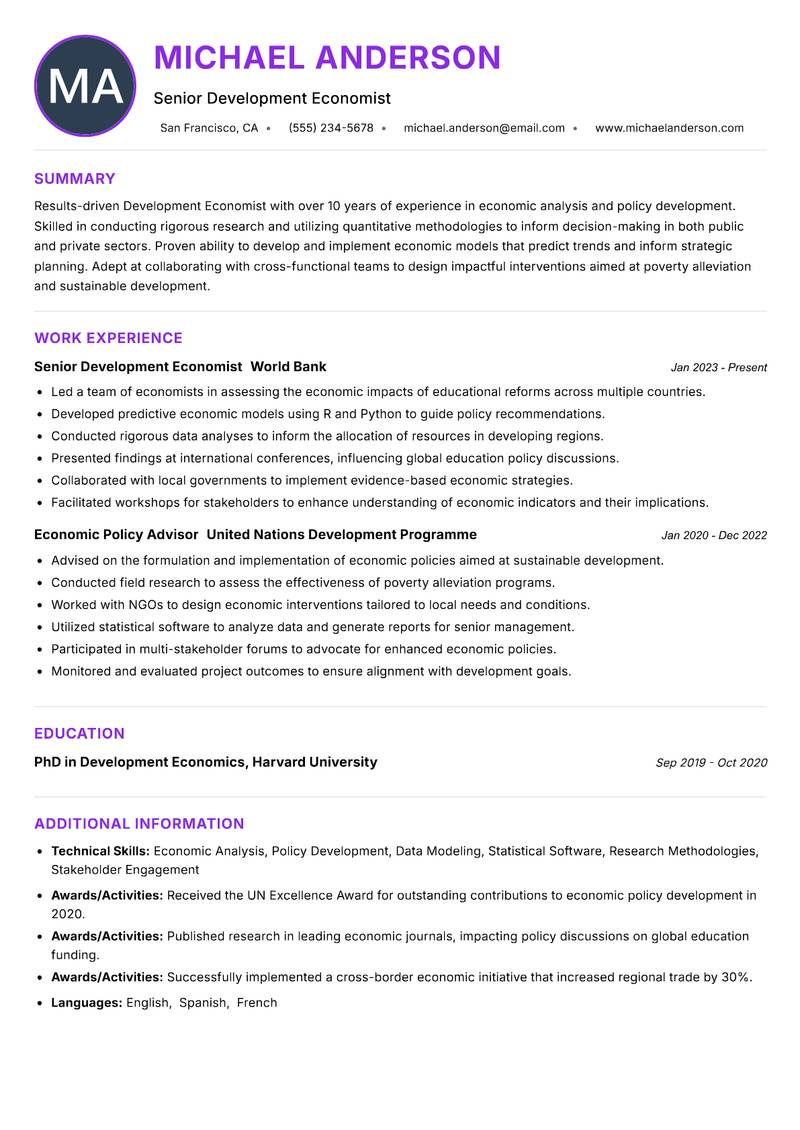 Development Economist resume example — ATS-friendly template