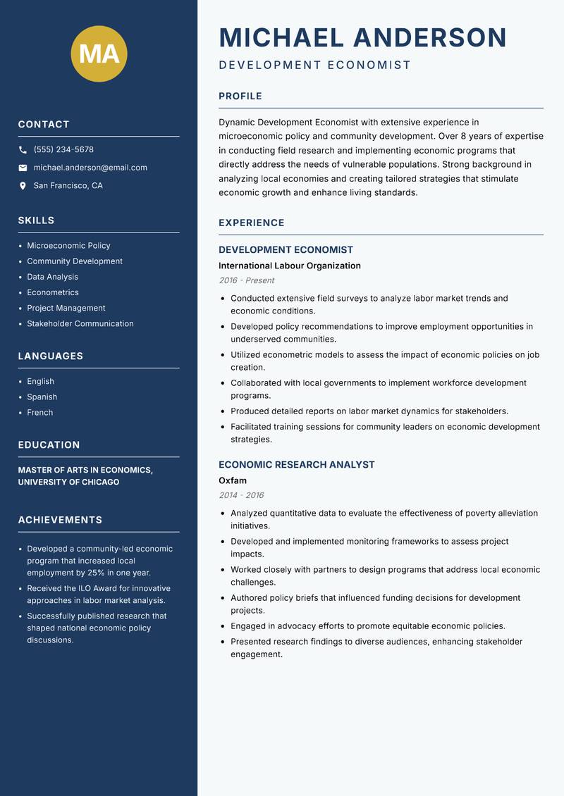 Development Economist resume template — Classic Clean