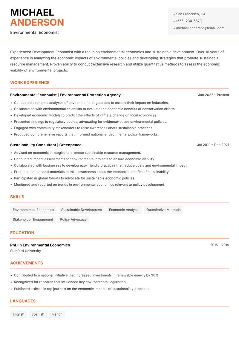 Development Economist resume template — Modern Professional
