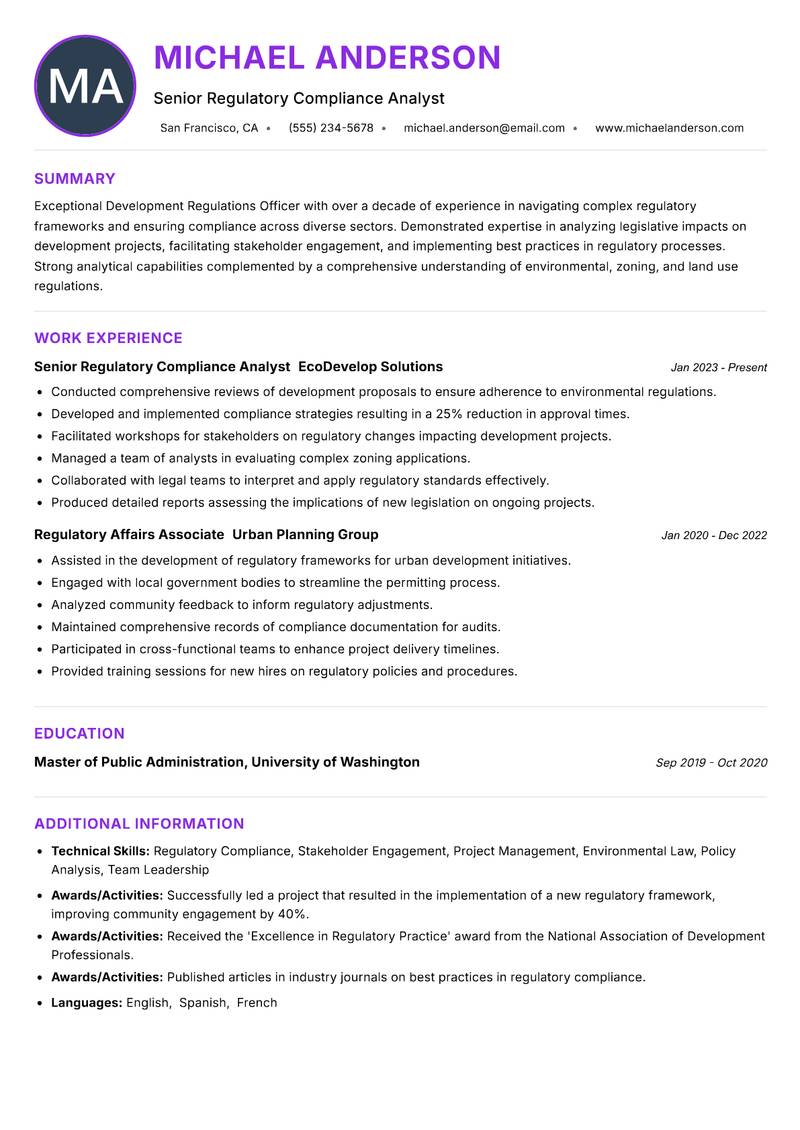 Development Regulations Officer resume example — ATS-friendly template