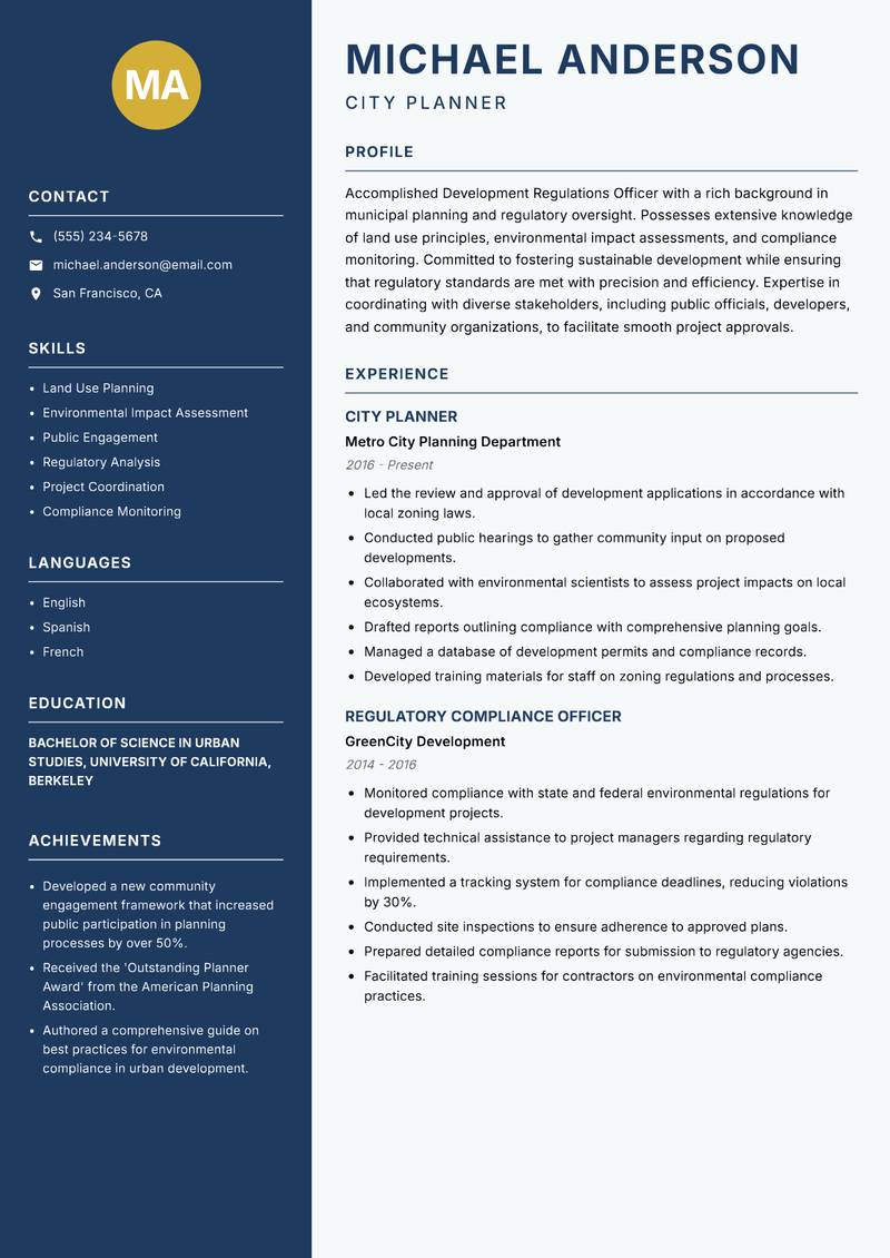 Development Regulations Officer resume template — Classic Clean