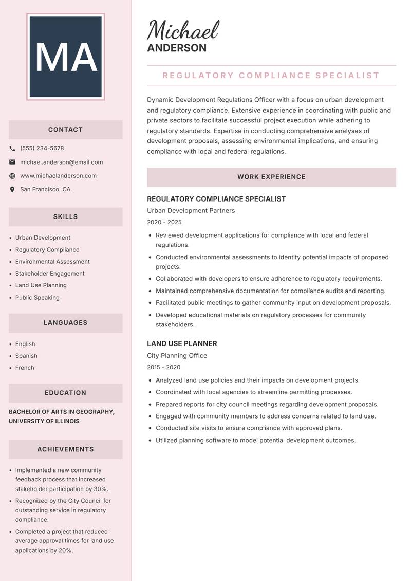 Development Regulations Officer resume template — Executive