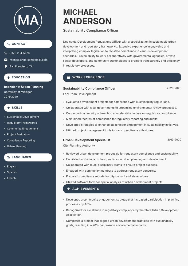 Development Regulations Officer resume template — Compact